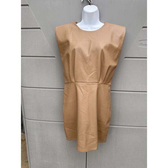 ZARA Faux Leather Shoulder Pads Sleeveles Tan Mini Dress Sz L Bloggers Favorite - Picture 2 of 16